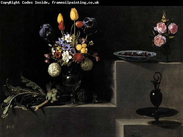 HAMEN, Juan van der Still Life with Flowers, Artichokes, Cherries and Glassware